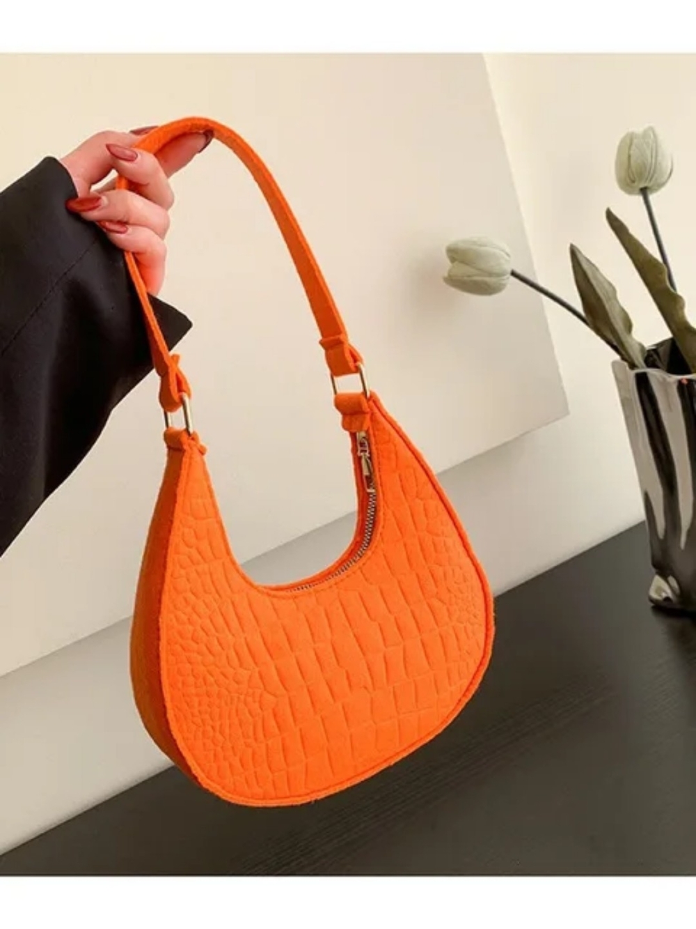 Woman Within Orange Croc-Texture Crescent Shoulder Bag